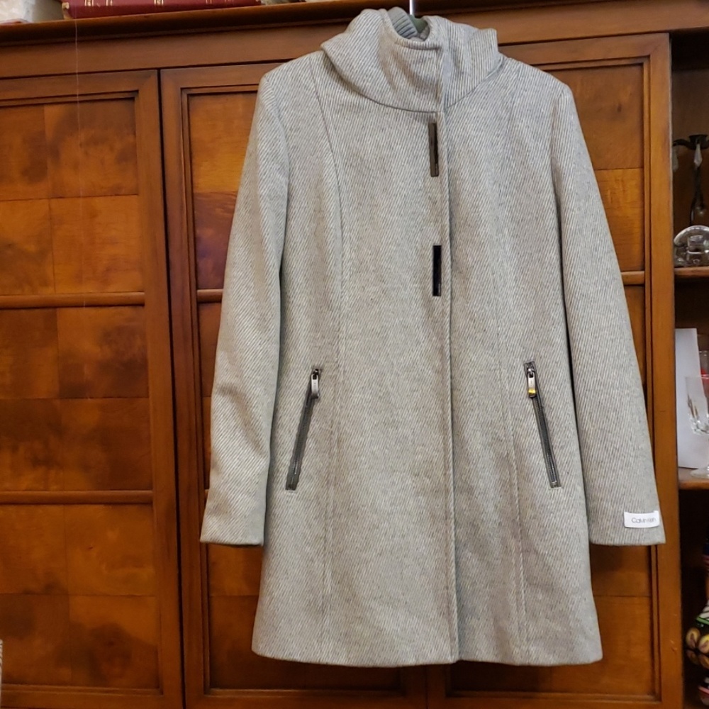 Calvin Klein Gray Coat Jacket With Hoodie SZ S - Picture 3 of 16